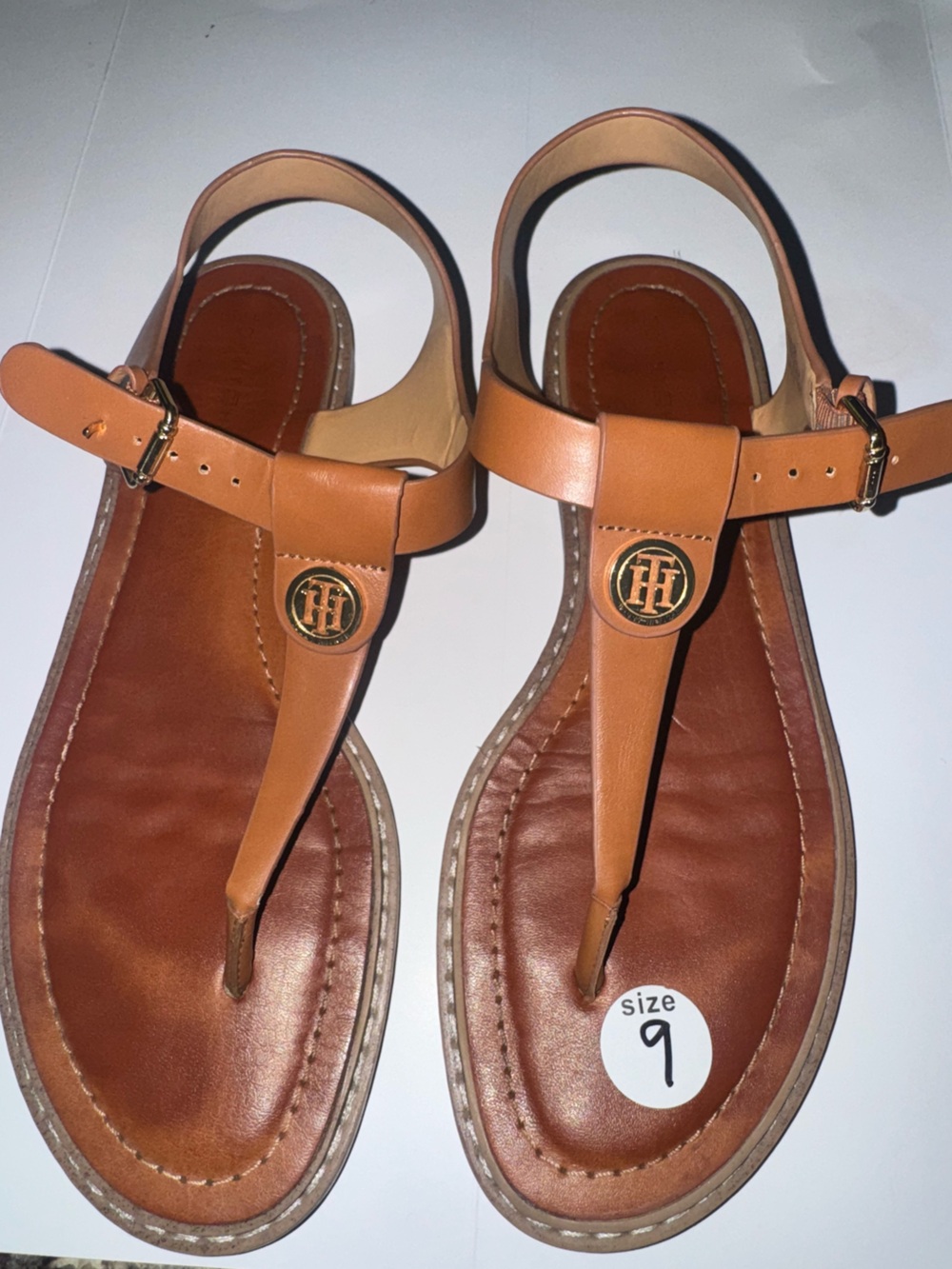 Tommy Hilfiger Cognac Leather T-Strap Sandals with Gold Logo